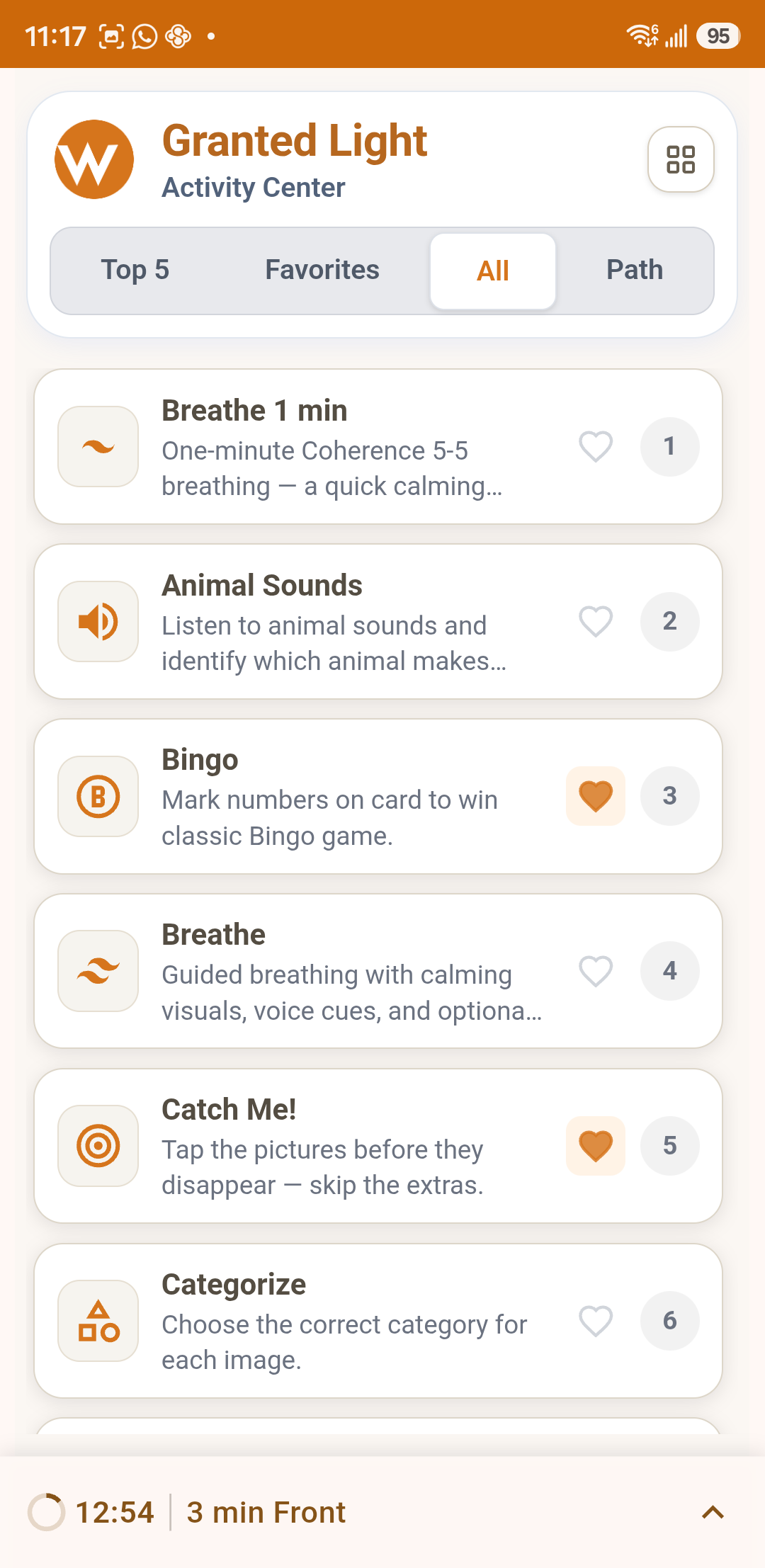 Activities menu shown in list mode