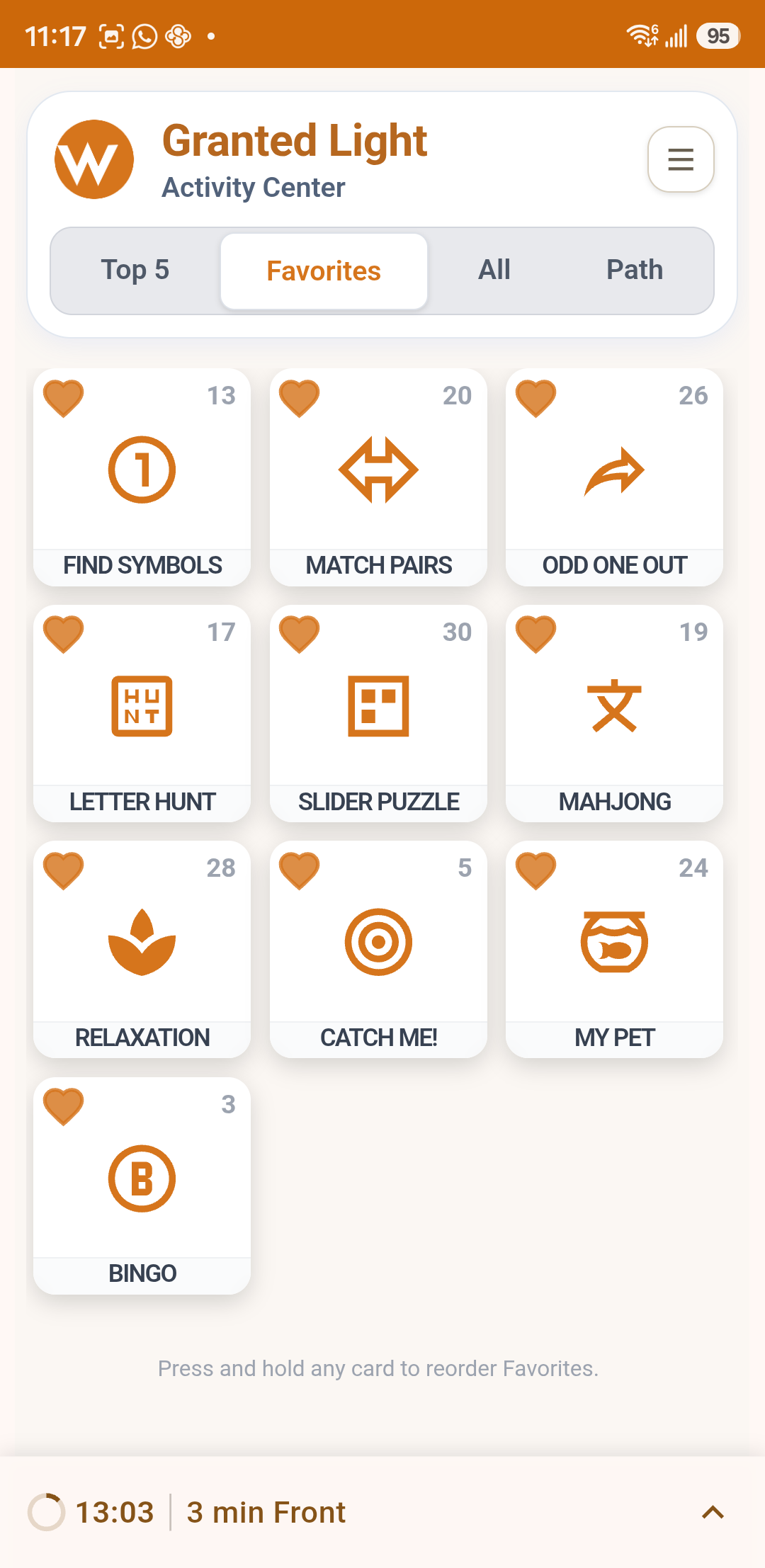 Favorites Activities menu