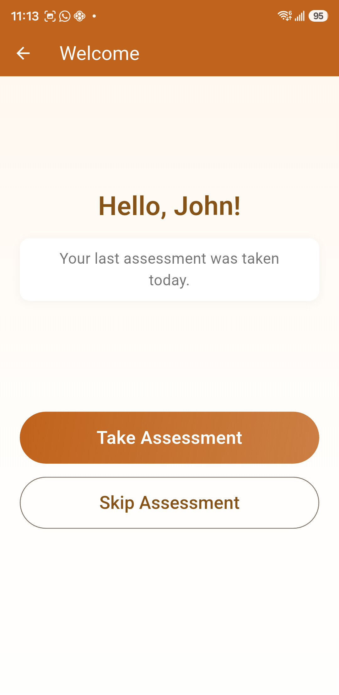 Wellness survey prompt shown at the start of a session