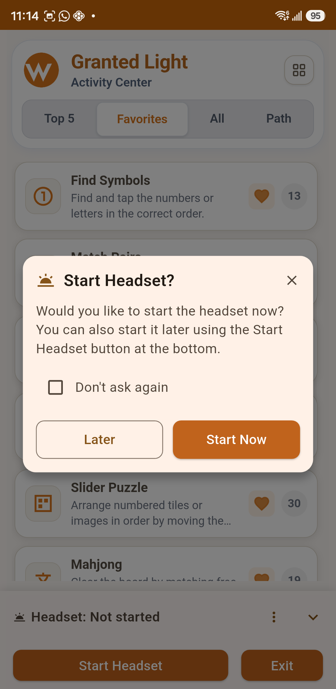 Session screen asking to activate the GLW headset