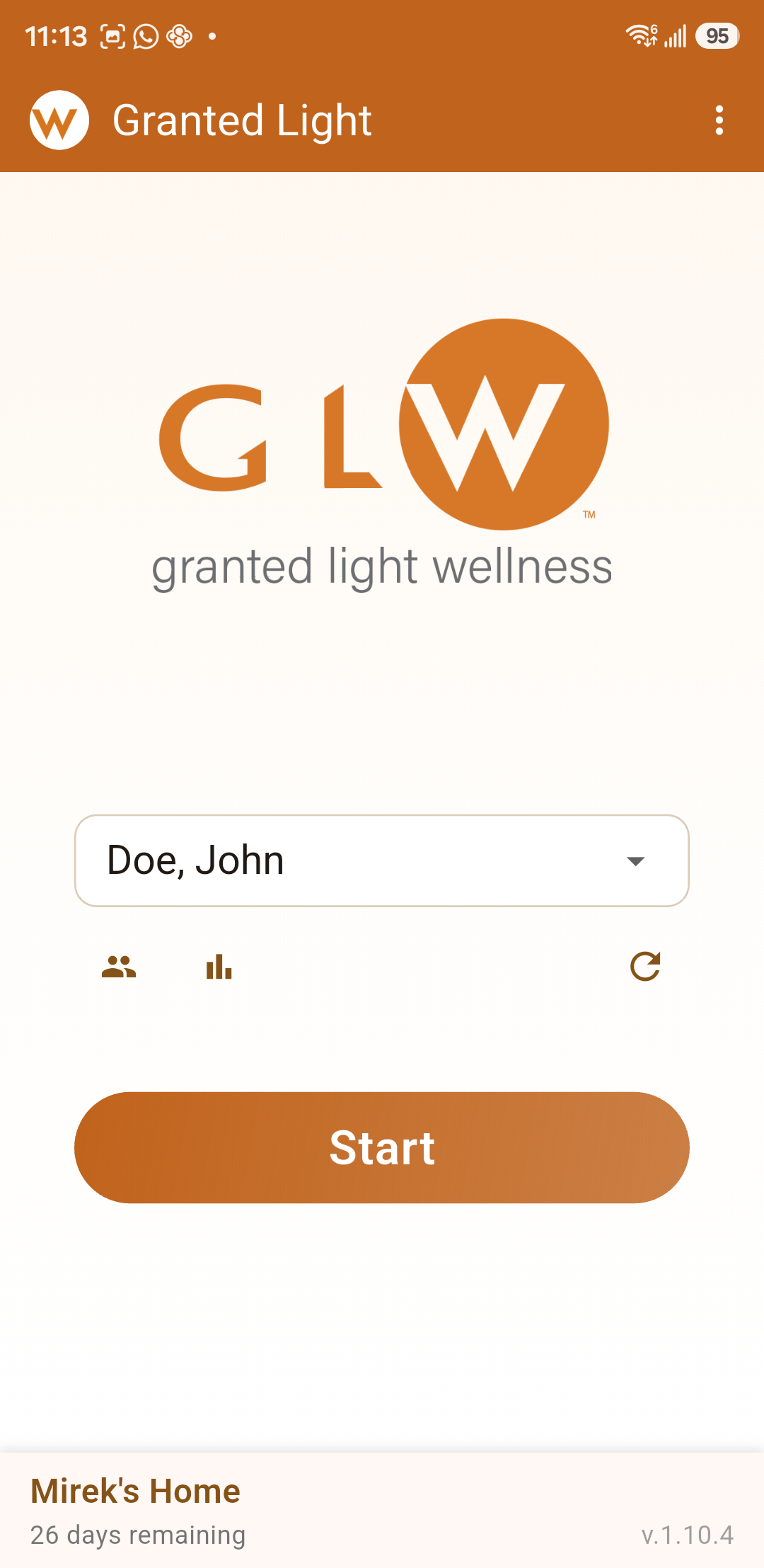 GLW app client selection screen before starting a session